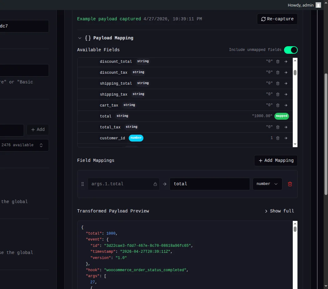 Payload mapping editor with dot-notation field paths, type casting options, and live JSON preview.