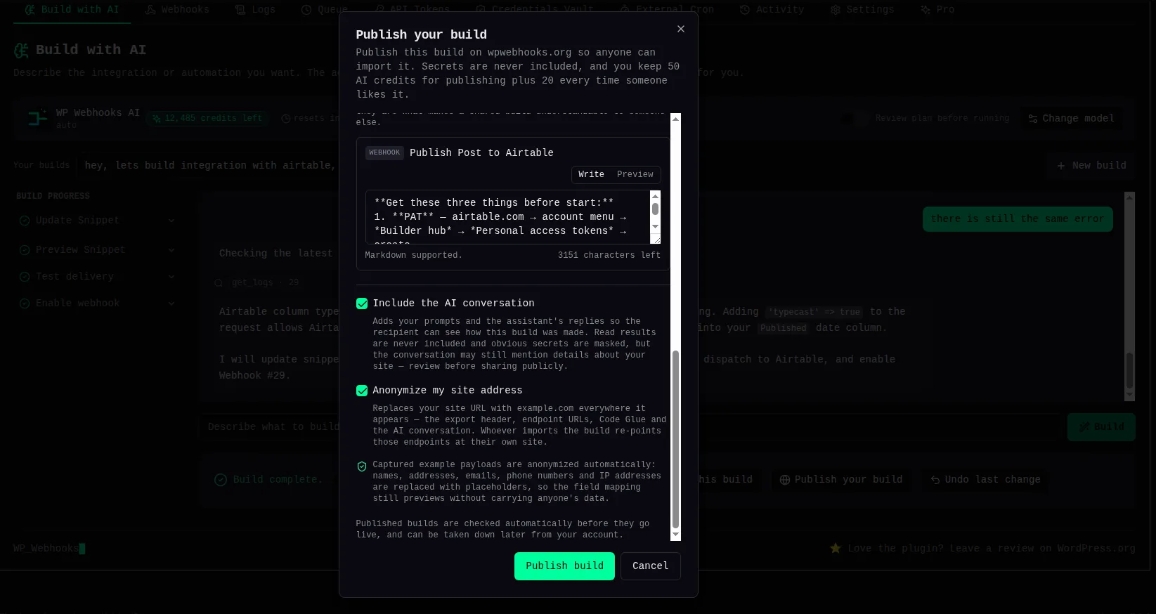 The Publish your build dialog in Webhook Actions, headed by a note that secrets are never included and that publishing keeps 50 AI credits plus 20 for every like. Below it a webhook titled “Publish Post to Airtable” has a Markdown summary open on the Write tab, and the “Include the AI conversation” and “Anonymize my site address” checkboxes are both ticked, above a line explaining that captured example payloads are anonymized automatically.