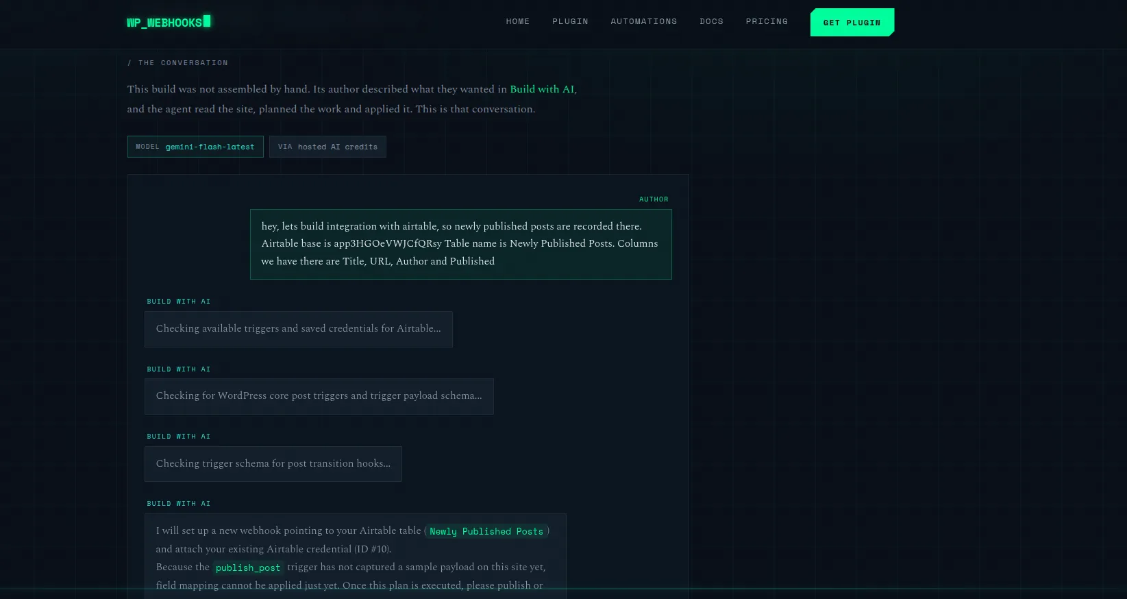 The Conversation section of the published build page, noting that the build was not assembled by hand, with badges for the model it ran on and for hosted AI credits. Below them the author asks for an Airtable integration recording newly published posts, and Build with AI replies step by step — checking available triggers and saved credentials, checking WordPress core post triggers and payload schemas, then proposing a webhook pointing at the Airtable table using an existing stored credential.
