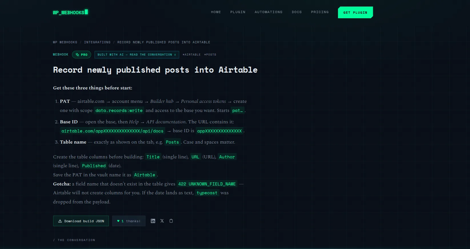 The published build page on wpwebhooks.org, titled “Record newly published posts into Airtable” under a WP Webhooks / Integrations breadcrumb, with Webhook, Pro and “Built with AI — read the conversation” badges, the author’s setup notes, and a row of Download build JSON, “1 thanks!”, and share buttons.