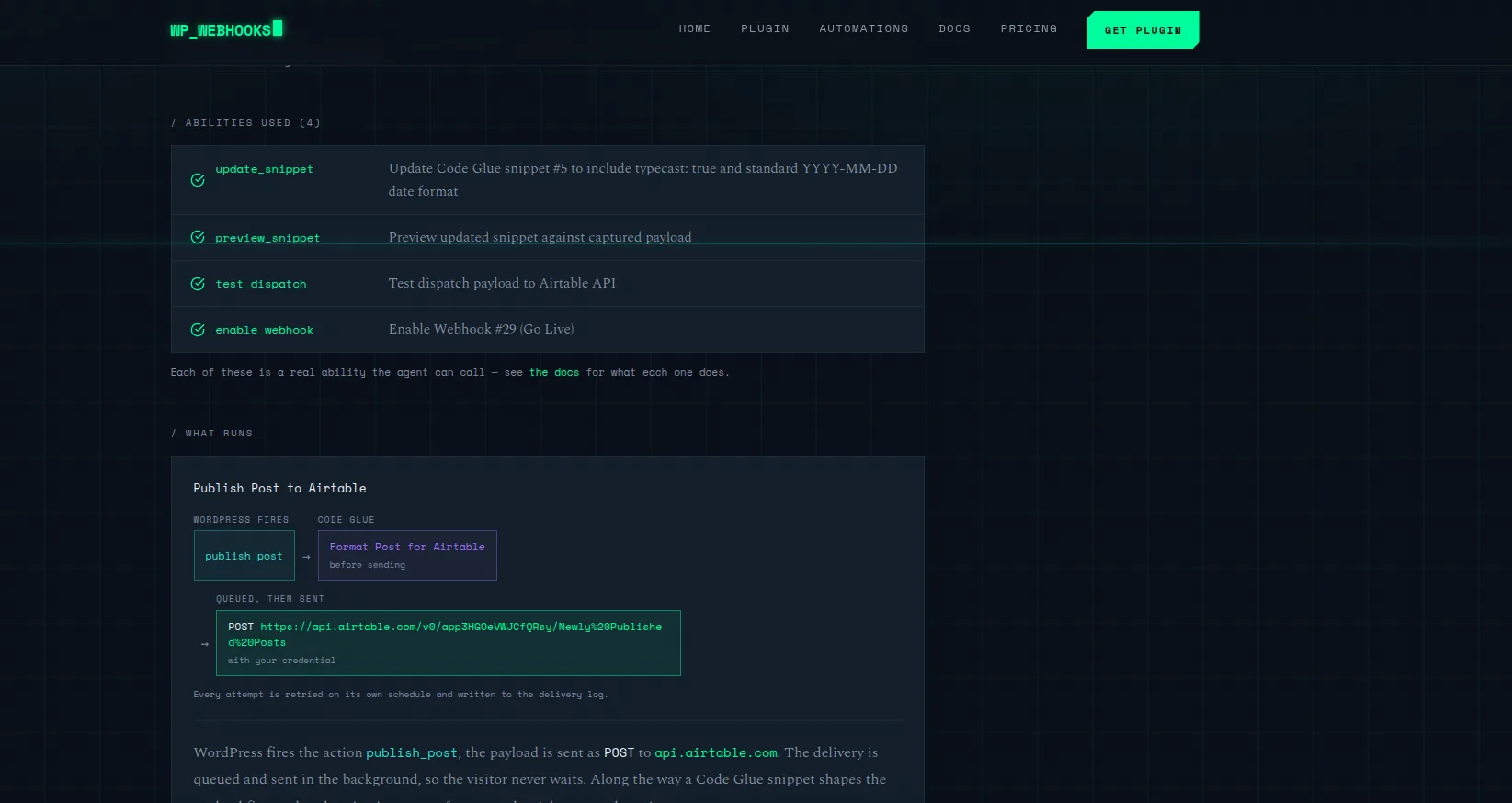 Further down the same published page: an “Abilities used (4)” table listing update_snippet, preview_snippet, test_dispatch and enable_webhook with what each one did, then a “What runs” diagram — WordPress fires publish_post, a Code Glue snippet formats the post, and the payload is queued and POSTed to the Airtable API.