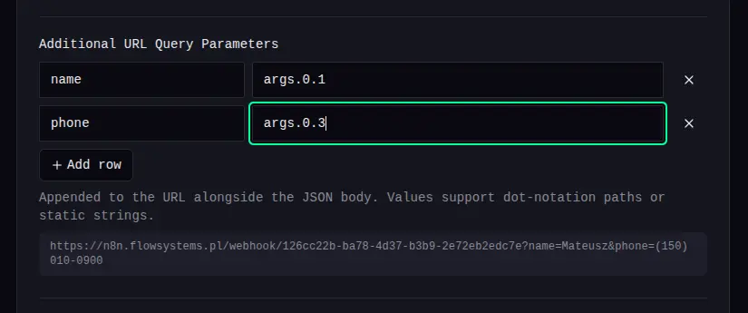 URL query parameters panel showing key/value pairs appended to the endpoint URL.