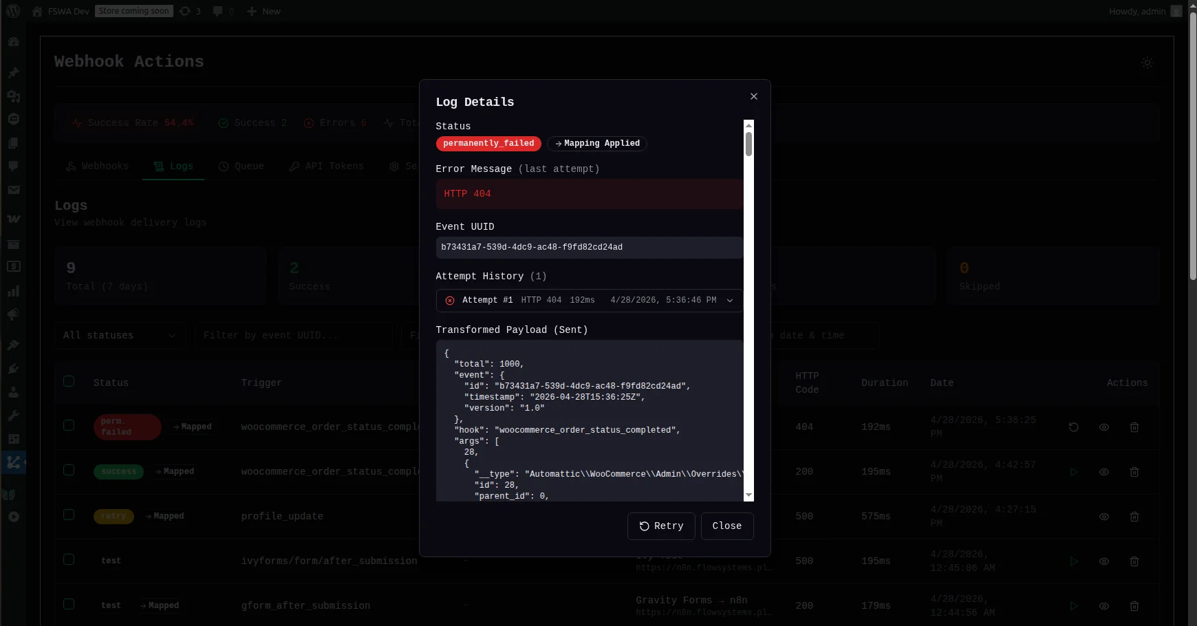 Smart retry panel showing exponential backoff attempt history with HTTP status codes.