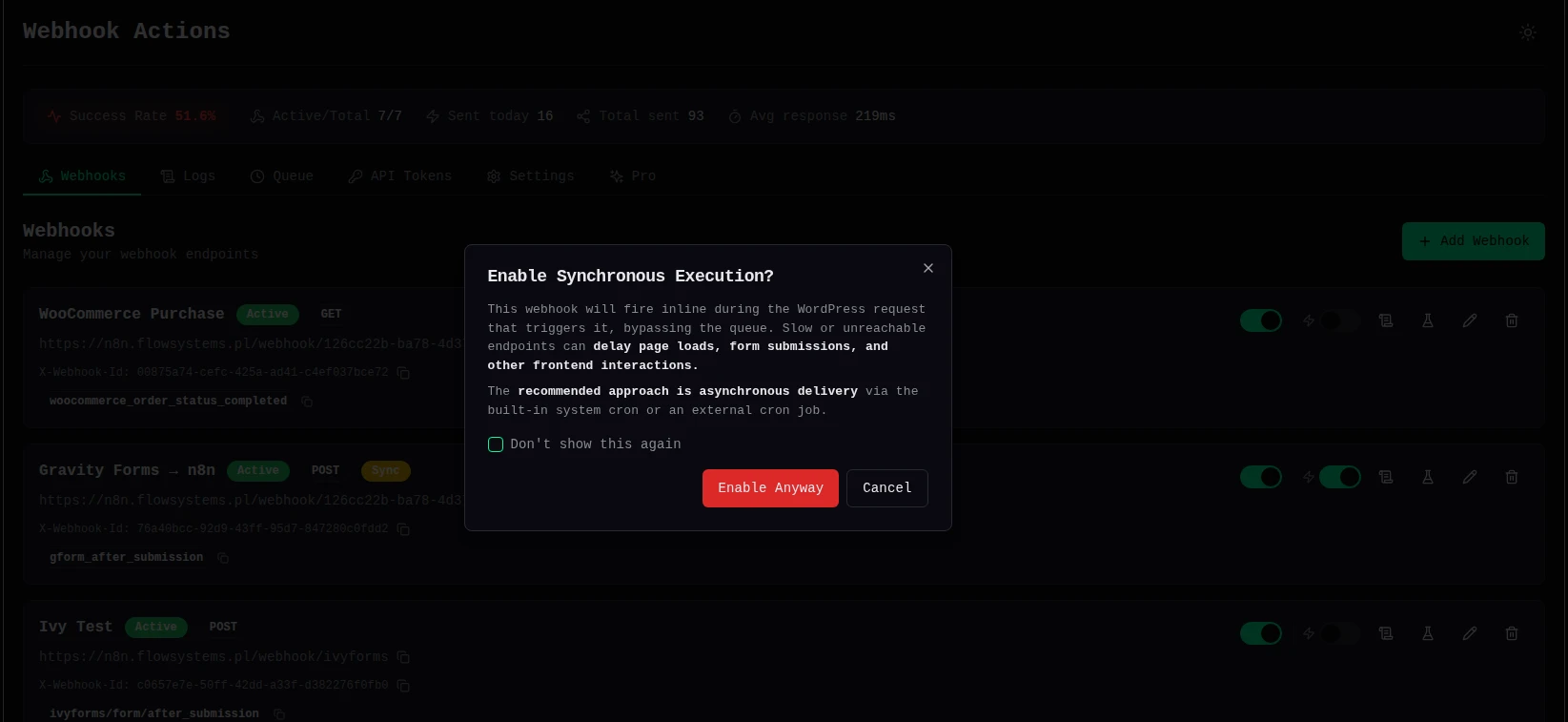 Per-webhook synchronous execution toggle with confirmation dialog explaining the performance impact.