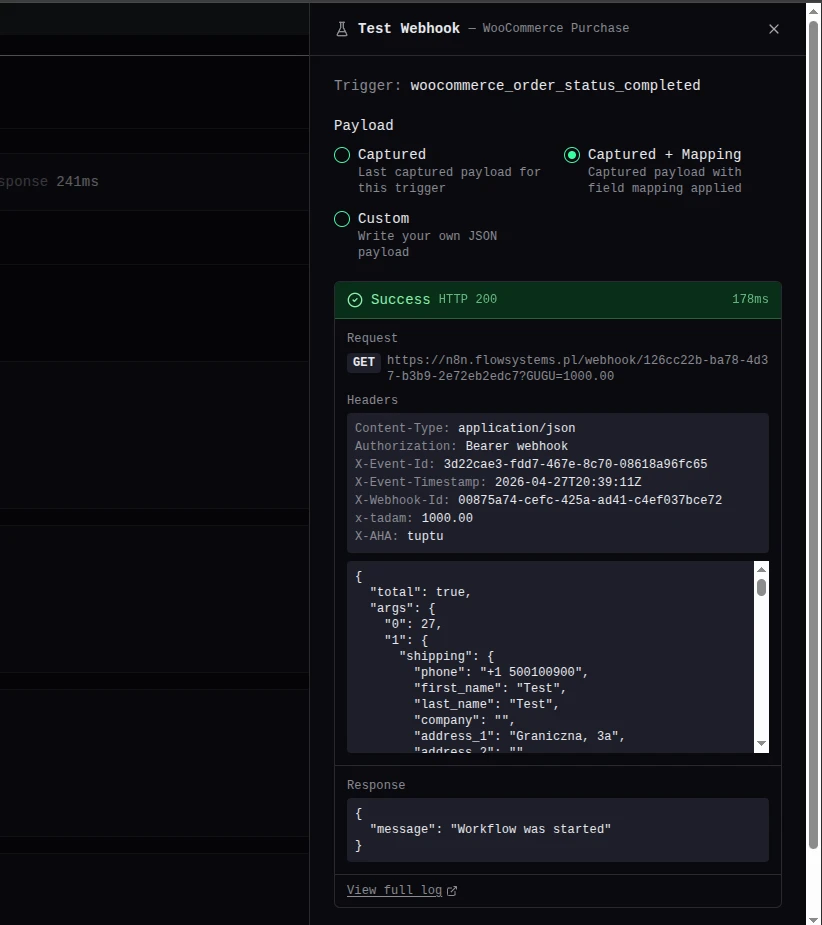 Test delivery panel with Run Now and Queue mode options and immediate response preview.