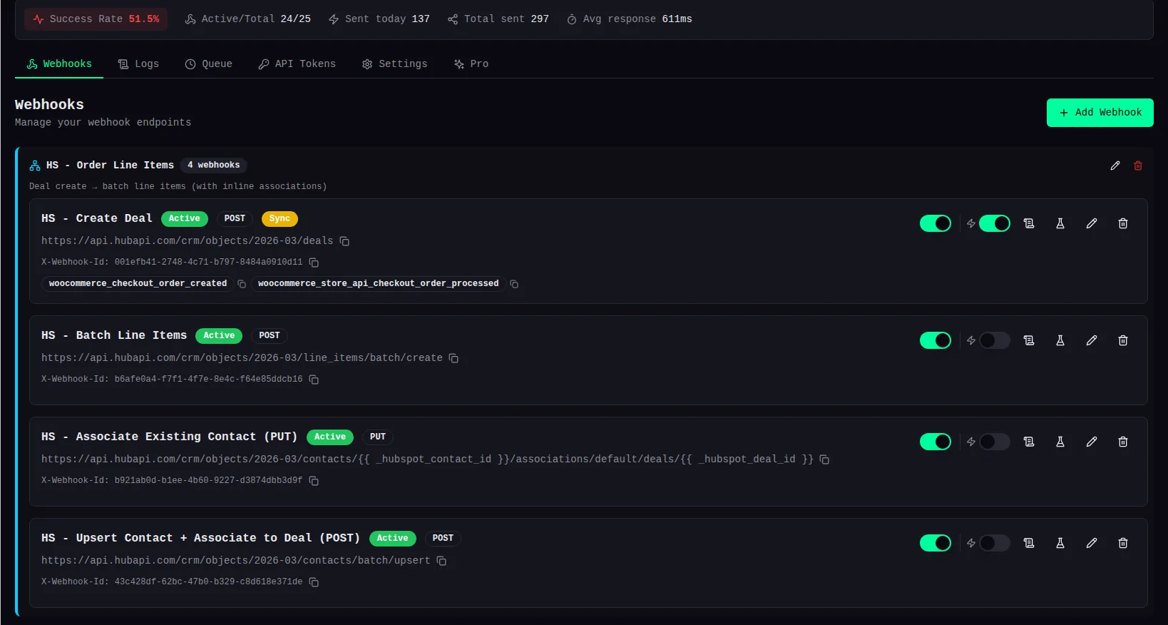 Webhook list grouped by chain with upstream/downstream link indicators and chain name labels.