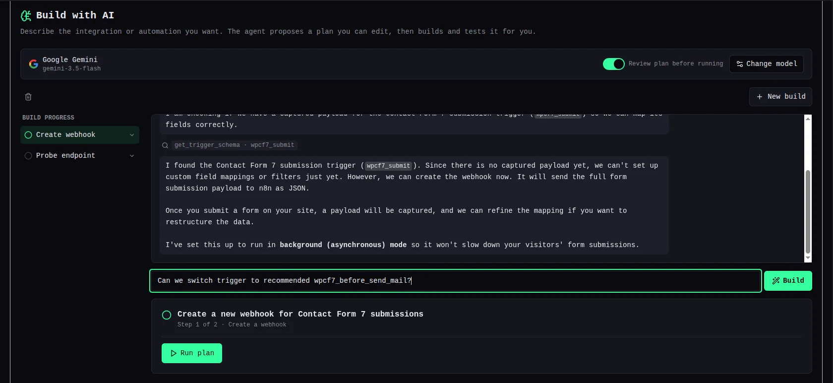 Build with AI plan stepper showing the proposed steps: create webhook with wpcf7 trigger, set n8n endpoint, apply field mapping