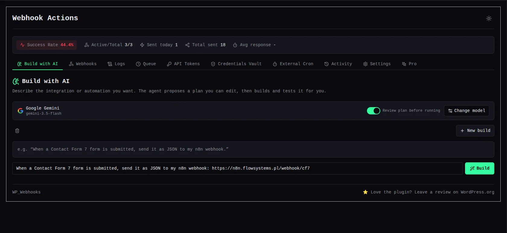Build with AI screen in the Webhook Actions plugin with the Contact Form 7 to n8n prompt typed into the input