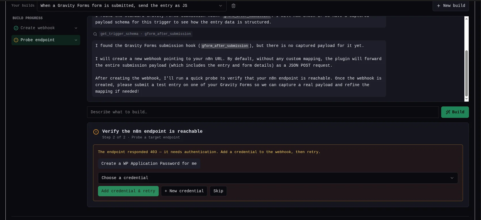 Build with AI showing Build complete with the enable toggle for the new Gravity Forms webhook