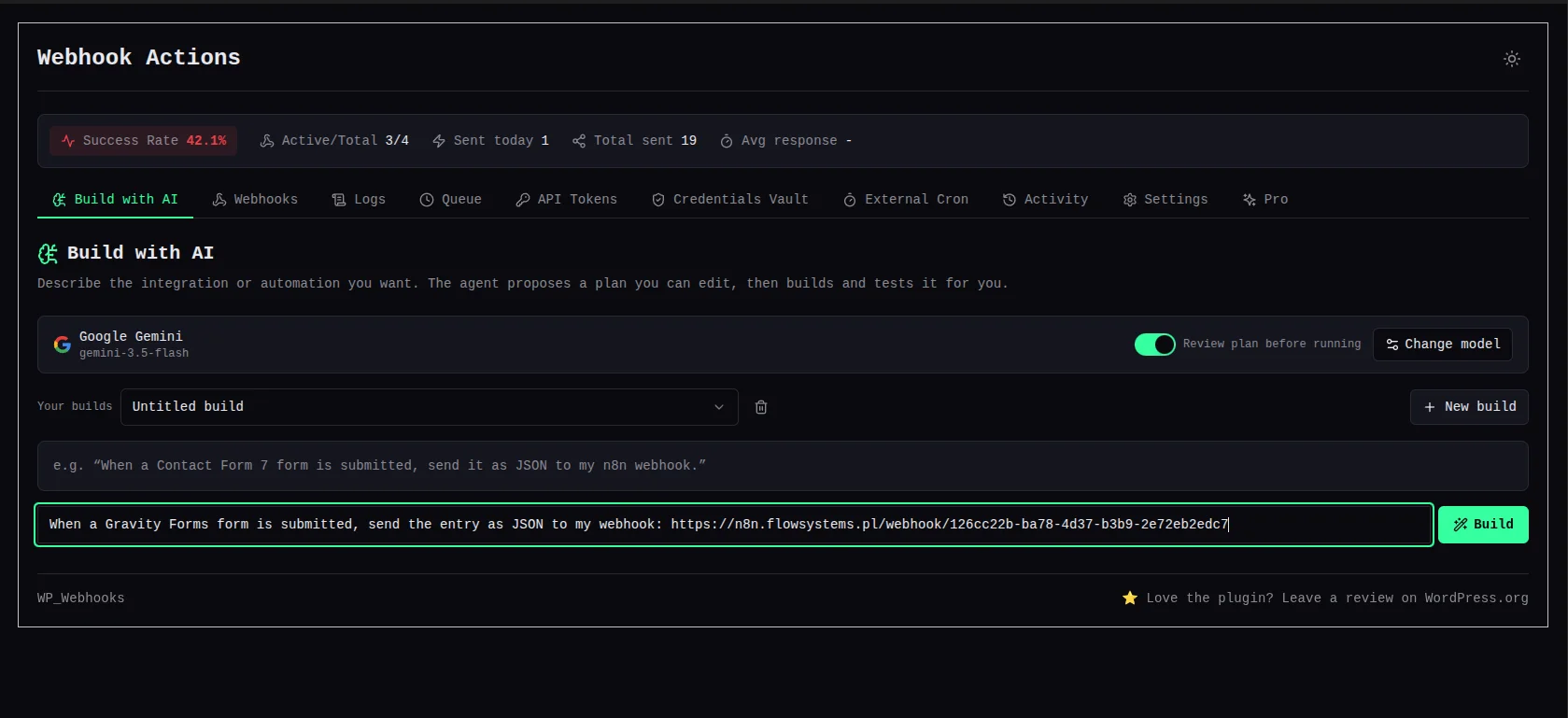 Build with AI screen in the Webhook Actions plugin with the Gravity Forms webhook prompt typed into the input
