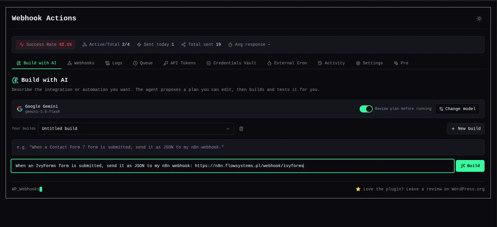 Build with AI screen in the Webhook Actions plugin with the IvyForms to n8n prompt typed into the input