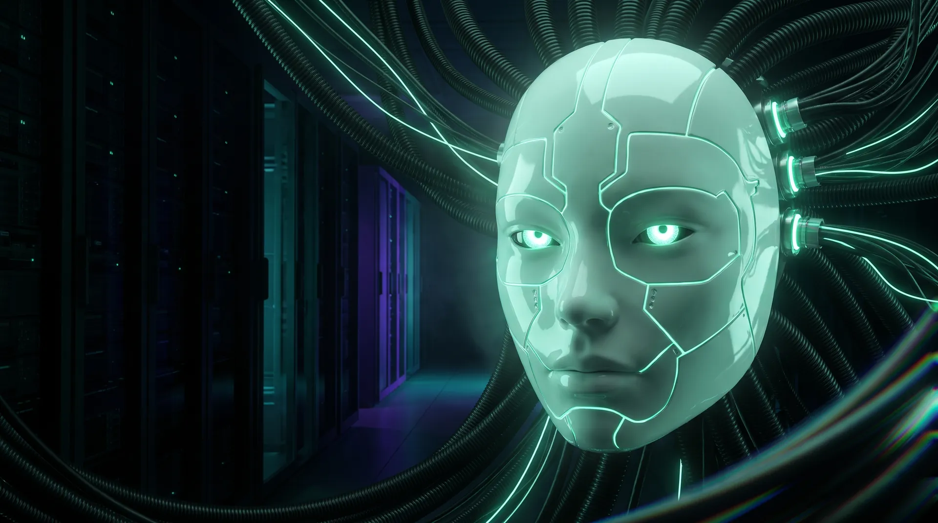 A vast synthetic face of pale ceramic inlaid with glowing green circuit tracery, growing out of a mass of thick black cabling in a dark server hall, its lit eyes fixed on the viewer.