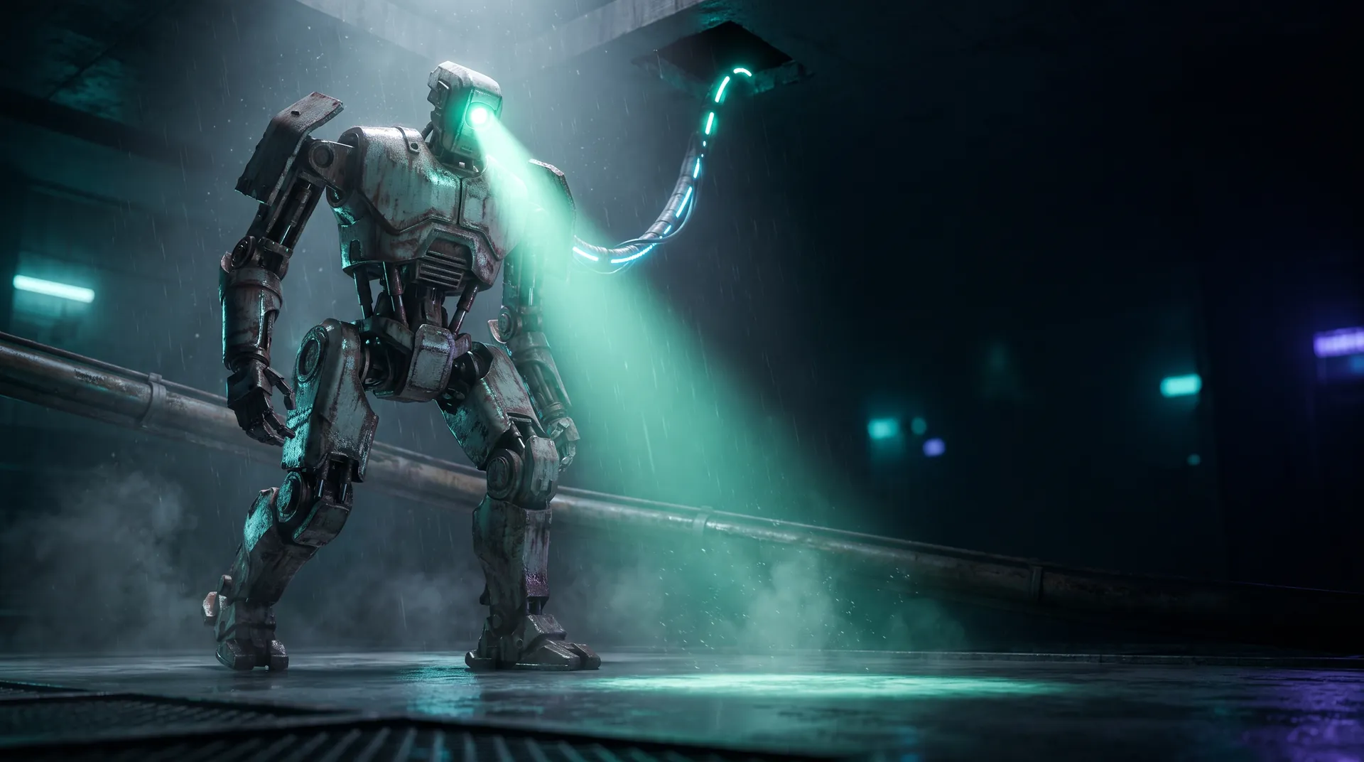 A colossal rusted delivery robot standing upright and lit in a dark industrial hall, its single optic throwing a green beam through the rain, fed by an armoured supply line running up and out through the ceiling.