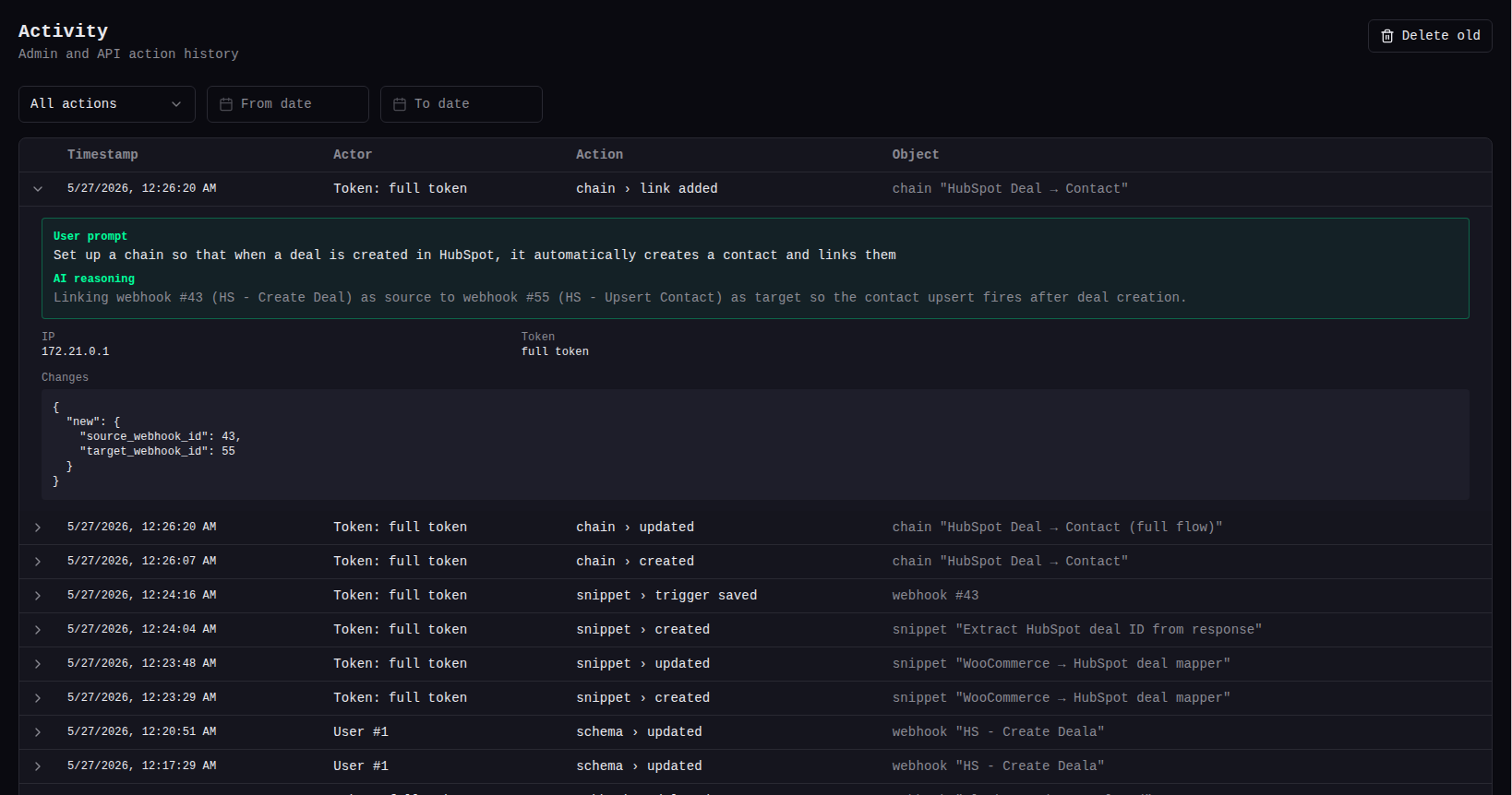 Webhook Actions by Flow Systems — Activity History tab showing a full audit log of admin and API token actions with actor, object, change diff, and timestamp