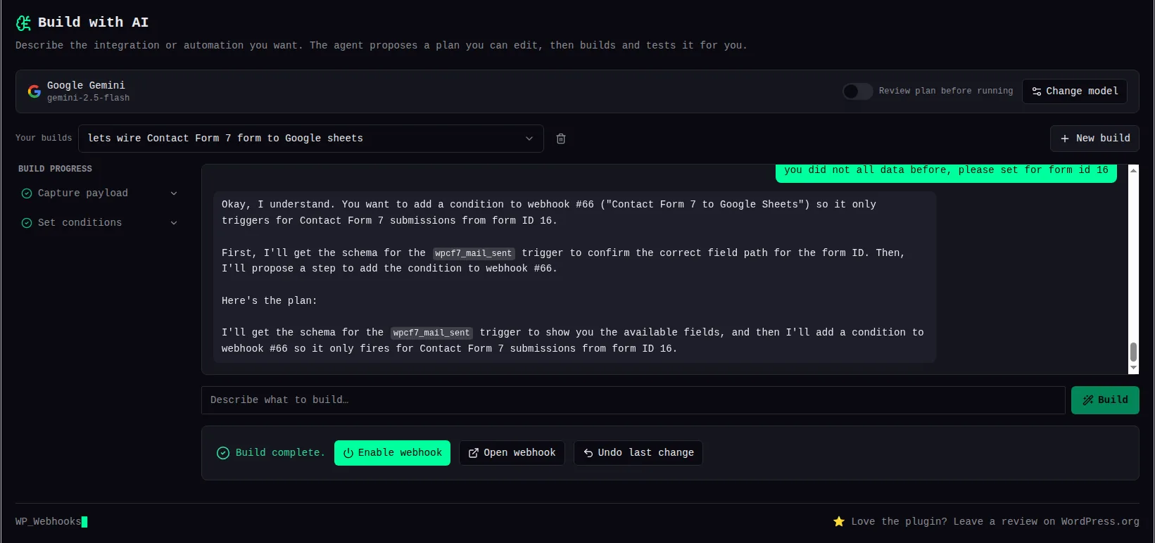 Webhook Actions — Build with AI panel showing a chat-driven build with plan progress in the sidebar and a completed build with Enable webhook button