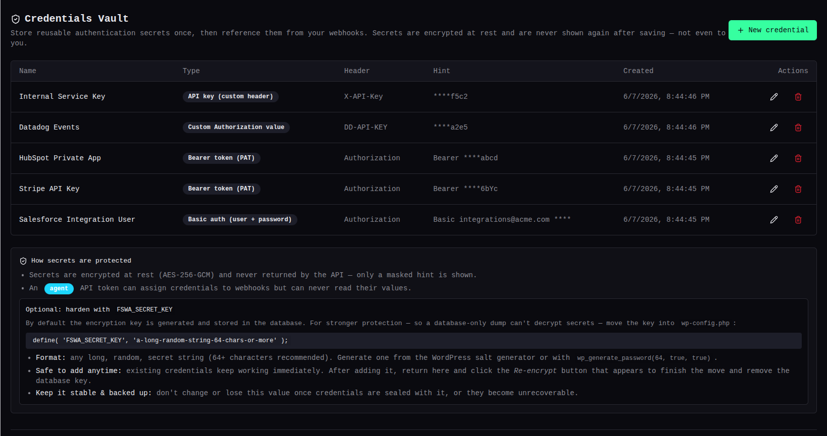 Credentials Vault admin screen showing stored credentials with masked secrets and credential type badges.