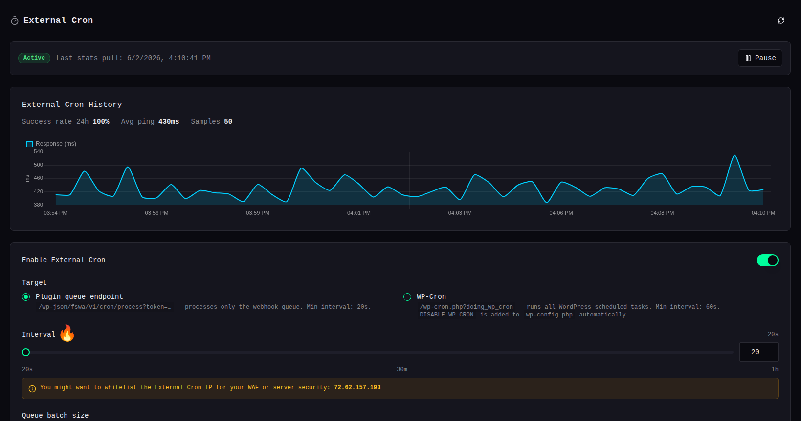External Cron admin tab showing the dedicated queue endpoint URL and the full WP-Cron URL with recommended firing intervals.