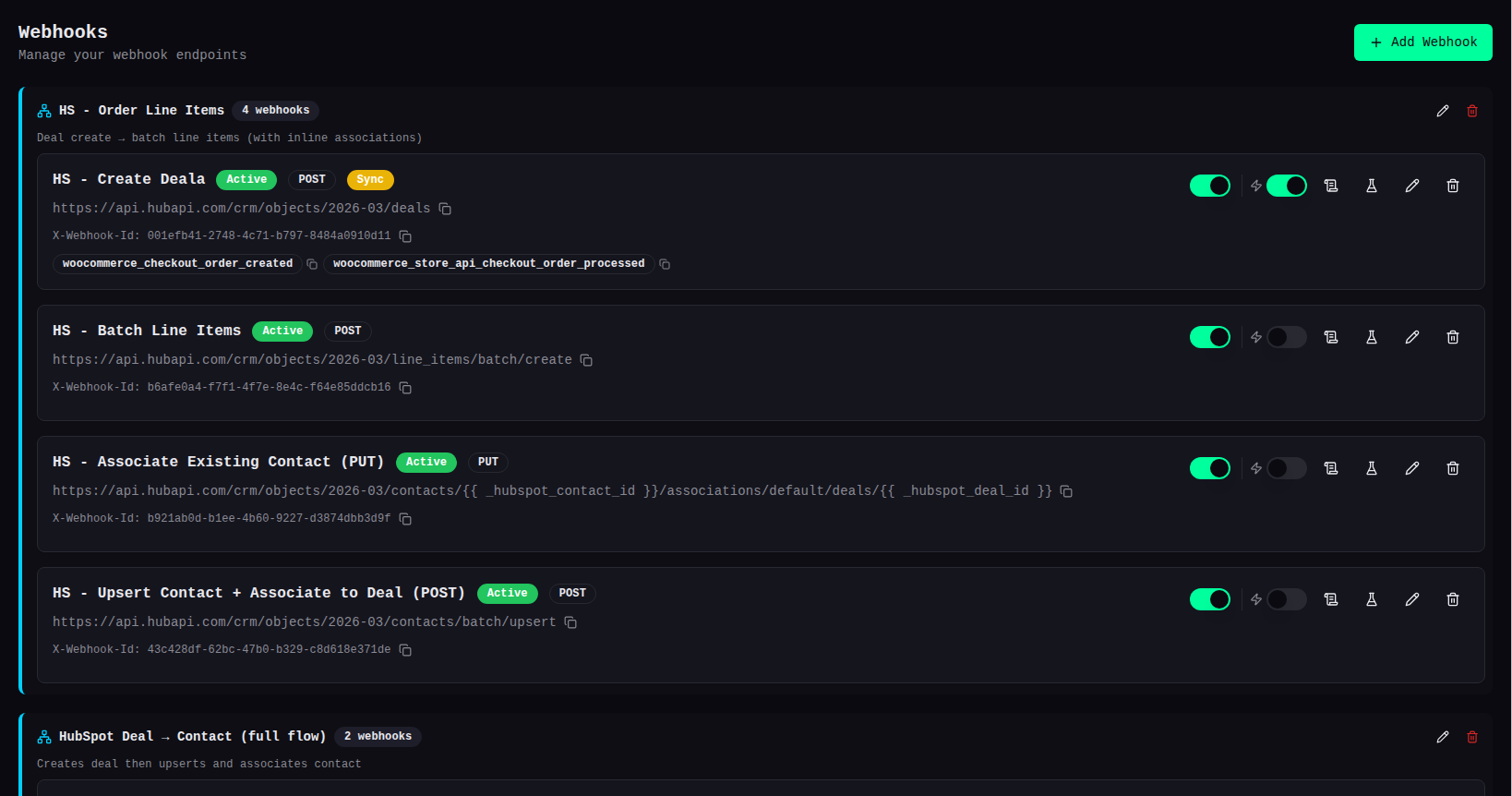 Webhook Actions admin — Webhooks tab