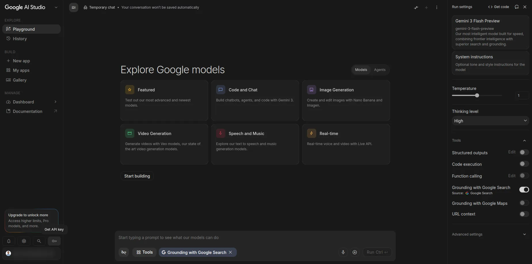 Google AI Studio dashboard after signing in