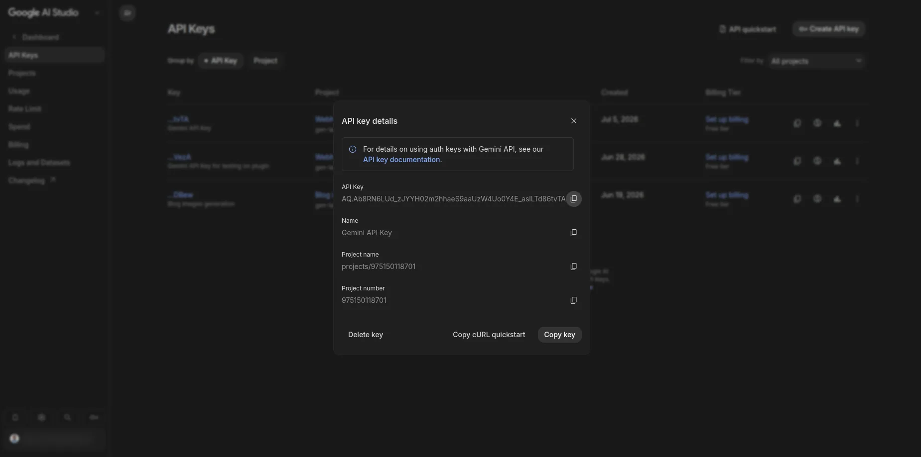 Create API key dialog in Google AI Studio with the generated key