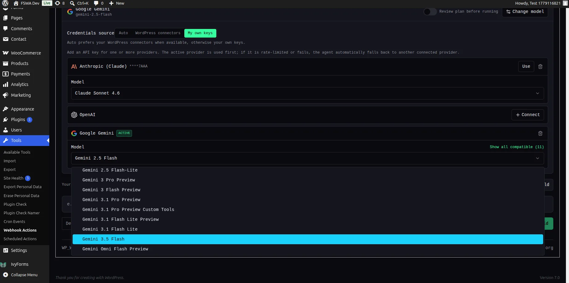 Build with AI model picker showing compatible Gemini models