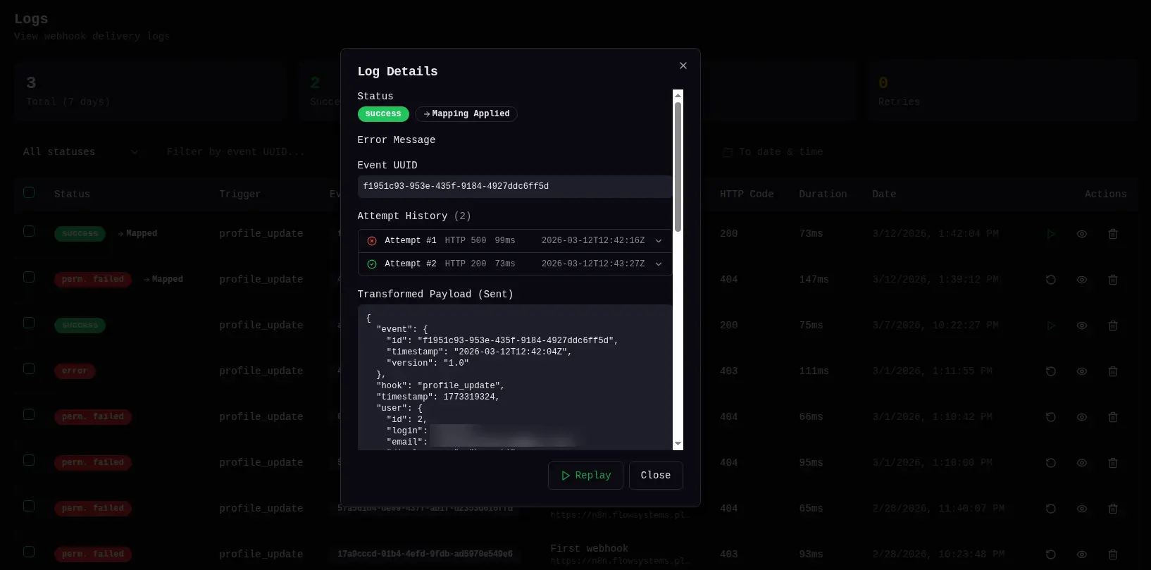 WordPress webhook event delivery log showing failed attempts, automatic retry, and successful delivery