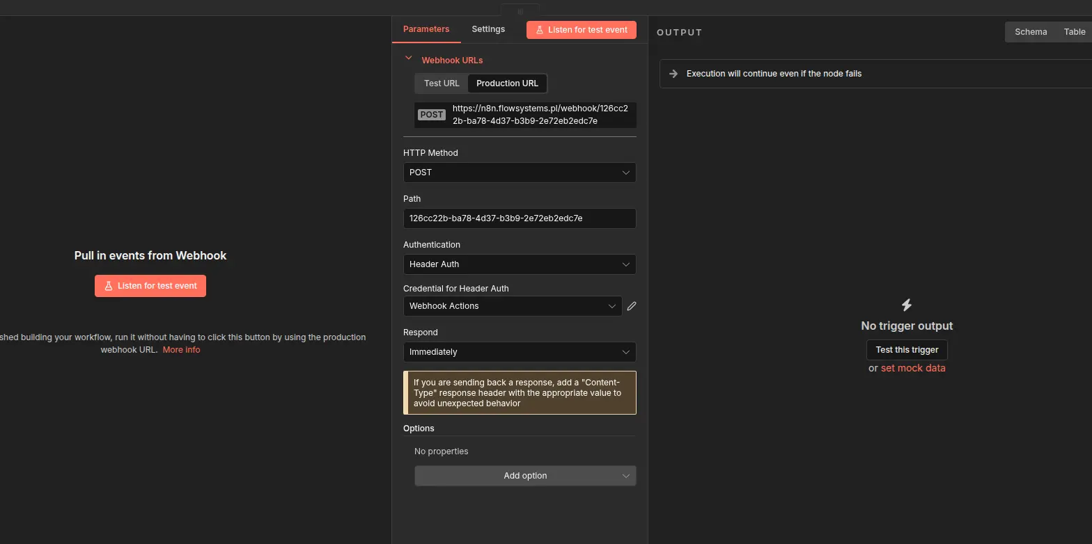 n8n Webhook node configuration — HTTP Method POST, Header Auth, Respond Immediately, showing the production webhook URL to copy